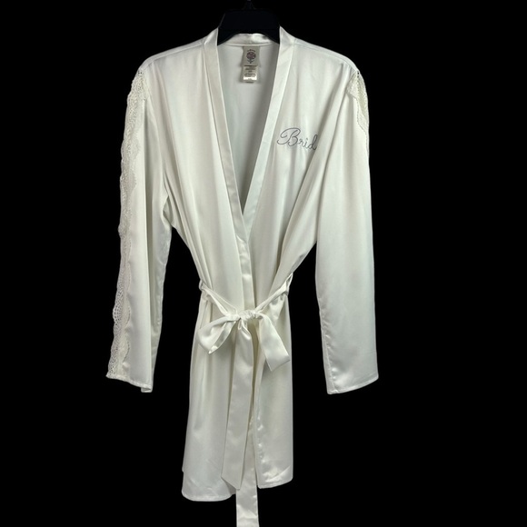 In Bloom Other - In Bloom by Jonquil Bride Satin Robe Ivory Lace Sleeves Tie Belt Medium/Large